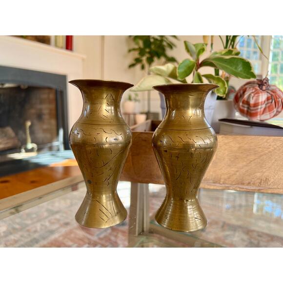 Vintage Brass Vases Gold Vase Bohemian Etched Bud Vases Wildflower Vases